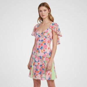 NWT Staud Chiquita Dress 0 Flutter Peach Multi Pleated Floral Tropical Resort